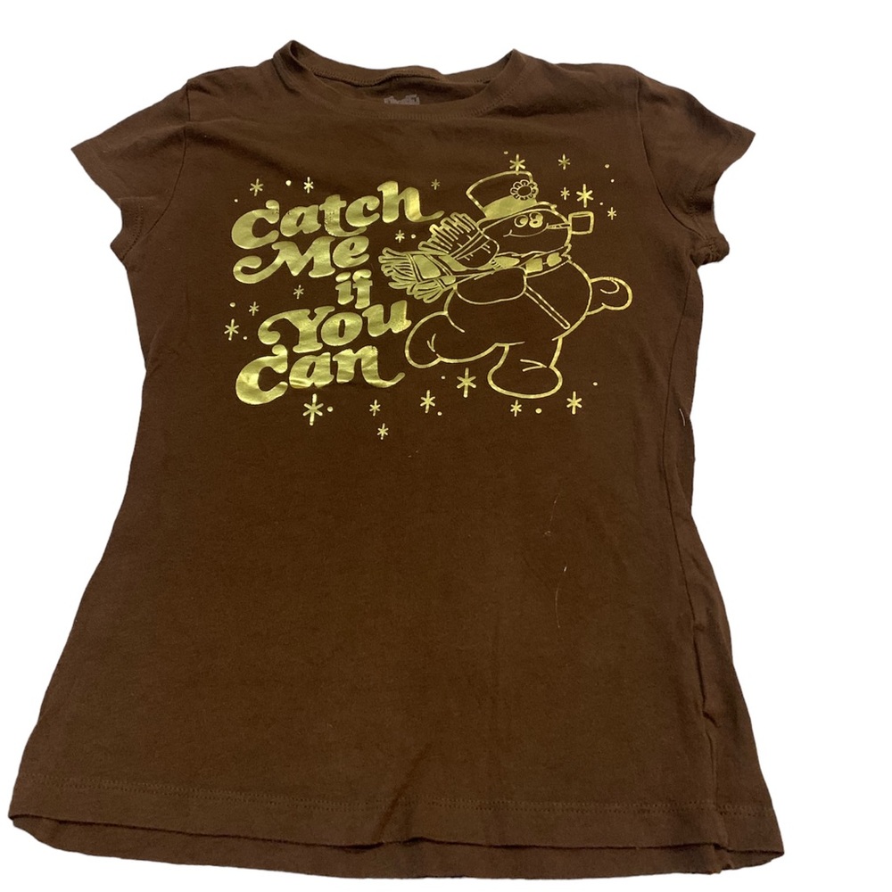 Frosty Snowman T Shirt Catch Me If You Can Brown Gold Foil Women’s Size Small
